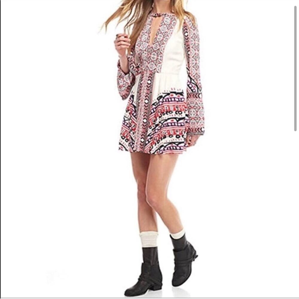 Free People Tegan Border Print pink purple cream dress size 2